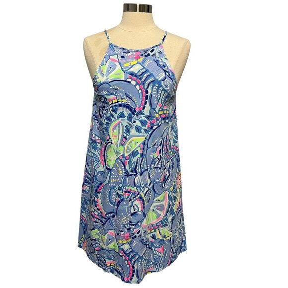 Lilly Pulitzer Margot Swing Shift Dress Size S Blue Pearl Pinch Halter Mini - Picture 1 of 9